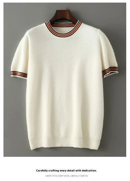 Men's round neck pure wool short sleeve sweater in grey showing 50cm length and regular sleeve design