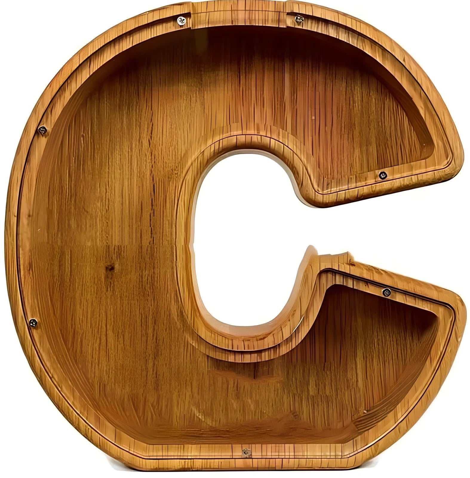 Handmade wooden letter piggy bank with personalised initial, showing 15cm height and 5cm coin slot for UK coins