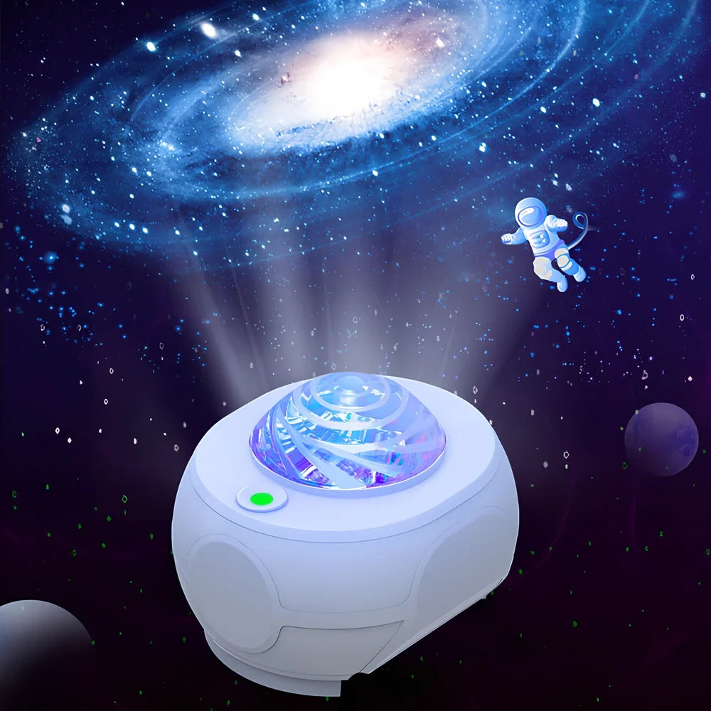 White Swirl Moon Star Laser Atmosphere Lamp projecting celestial patterns with remote control