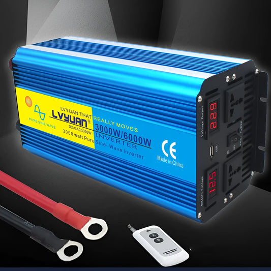 Blue 3000W pure sine wave power inverter with digital display and UK three-pin socket