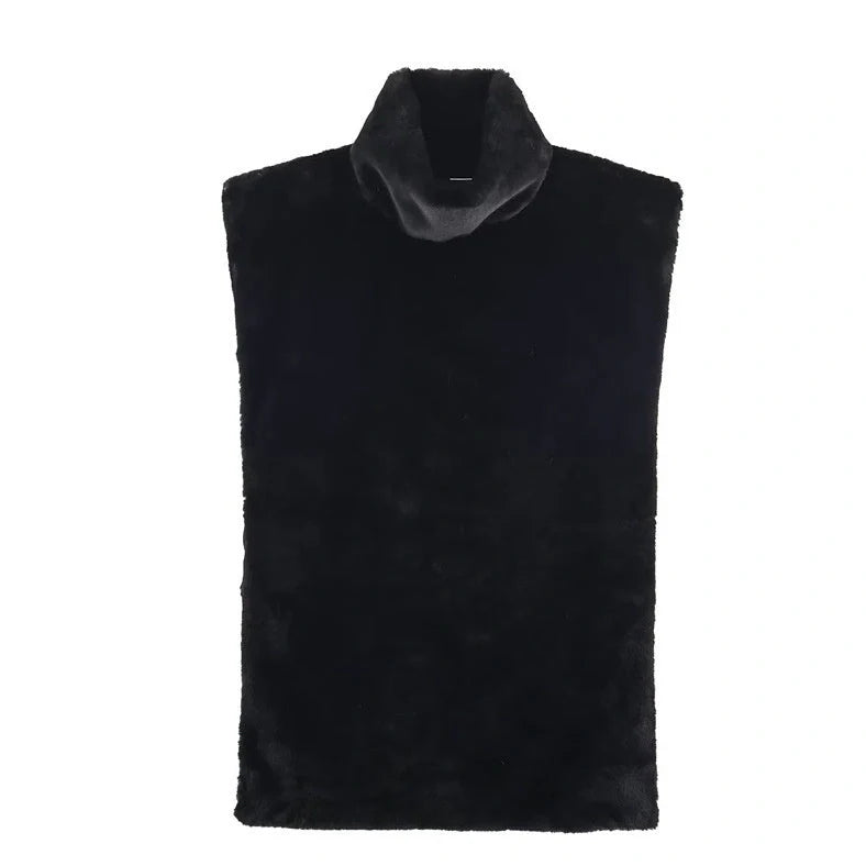 Women's dark brown half-turtle neck sleeveless top with furry texture, showing 40-50cm length