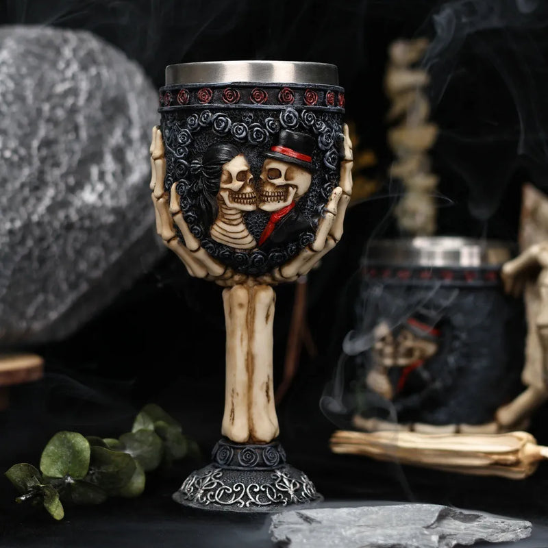 Couple decorative red wine glass resin stainless steel skeleton goblet, 200ml capacity, in a retro style featuring human skeleton design, 183 colour couple cup, made from stainless steel for drinking and display.