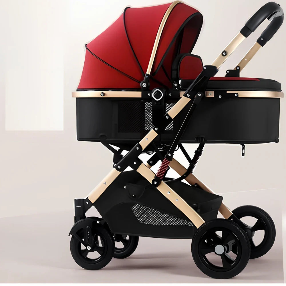 Two-way reversible baby stroller with aluminium frame and rubber wheels in dark blue colour