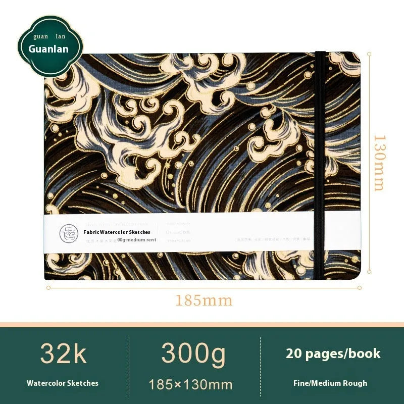 Feiluniao watercolour notebook with fabric cover, 185mm length, open to show paper for painting.