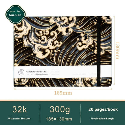 Feiluniao watercolour notebook with fabric cover, 185mm length, open to show paper for painting.
