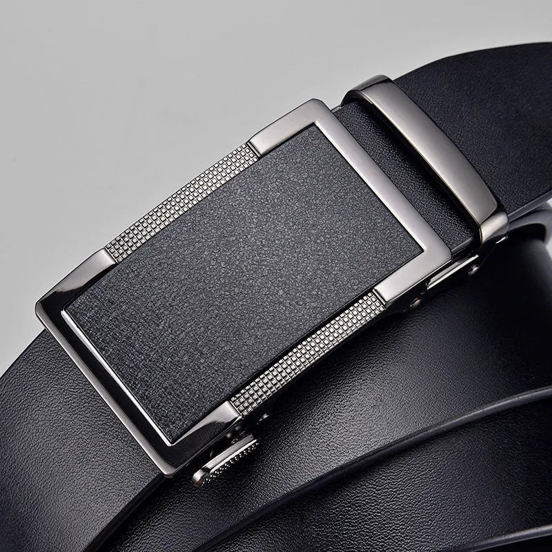 Men's two-layer cowhide leather belt with alloy automatic buckle, black or brown, 110cm to 130cm, 2-4cm width