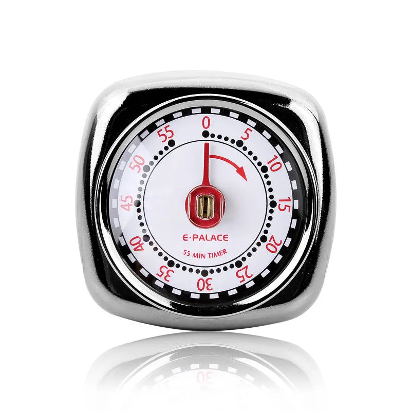 Metal kitchen timer clock with square circle design, shown in green, pink, or mirror light options.