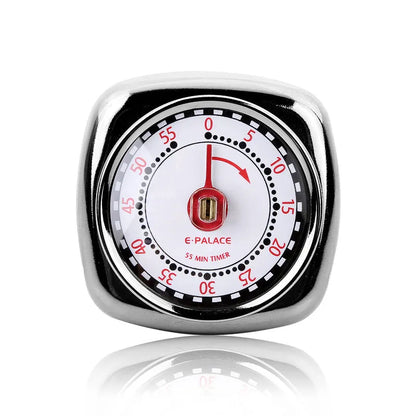 Metal kitchen timer clock with square circle design, shown in green, pink, or mirror light options.
