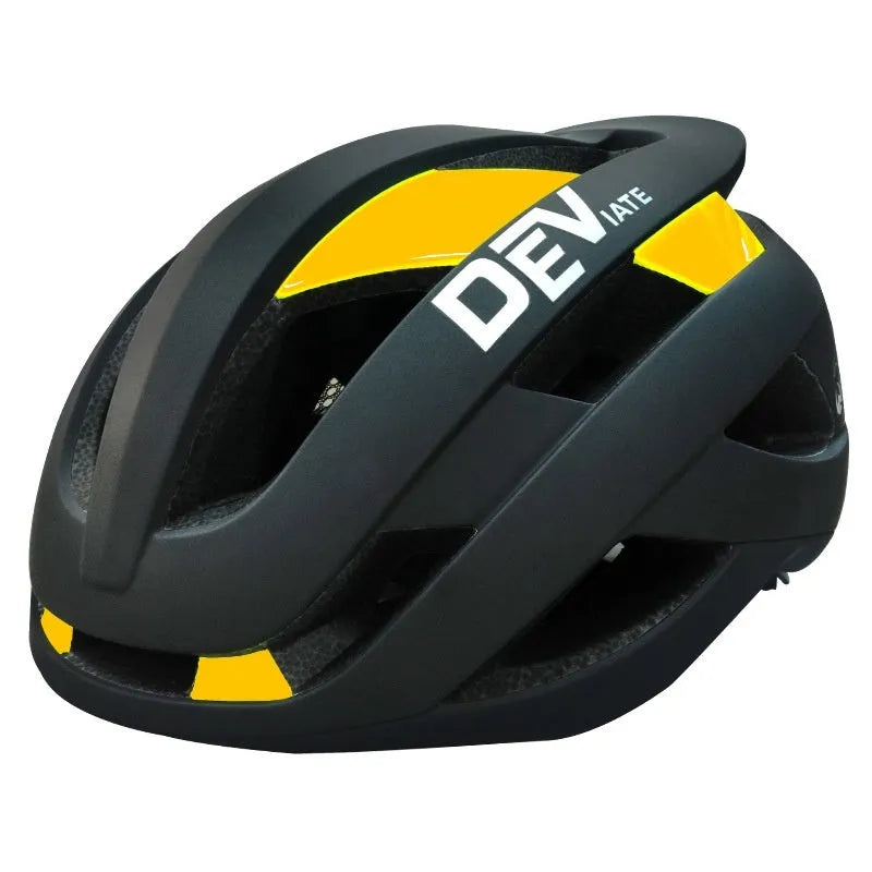 Adult adjustable mountain bike helmet in matte black with coloured graphics, showing ventilation net and sizing dial.