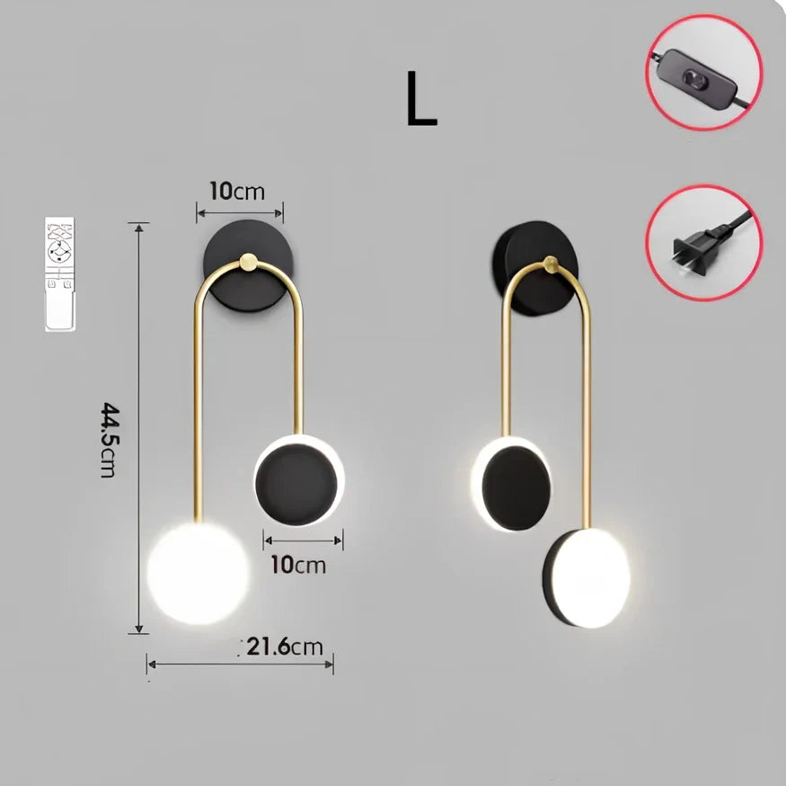 Nordic wall lamp with black gold finish and LED lighting, mounted beside bed with dimming controls