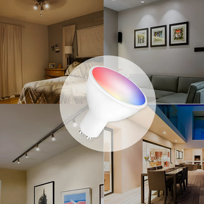 Smart WiFi GU10 LED spotlight bulb with RGBCCT colour and tunable white light, shown with dimensions.