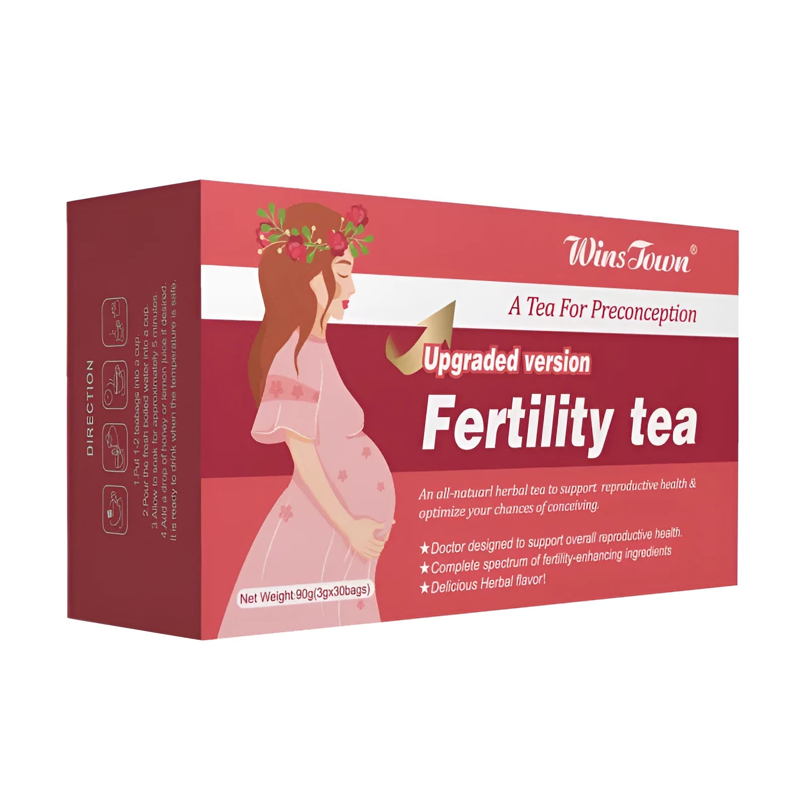 Box of fertility tea containing 330 individual bags organised into 3 packets of 30