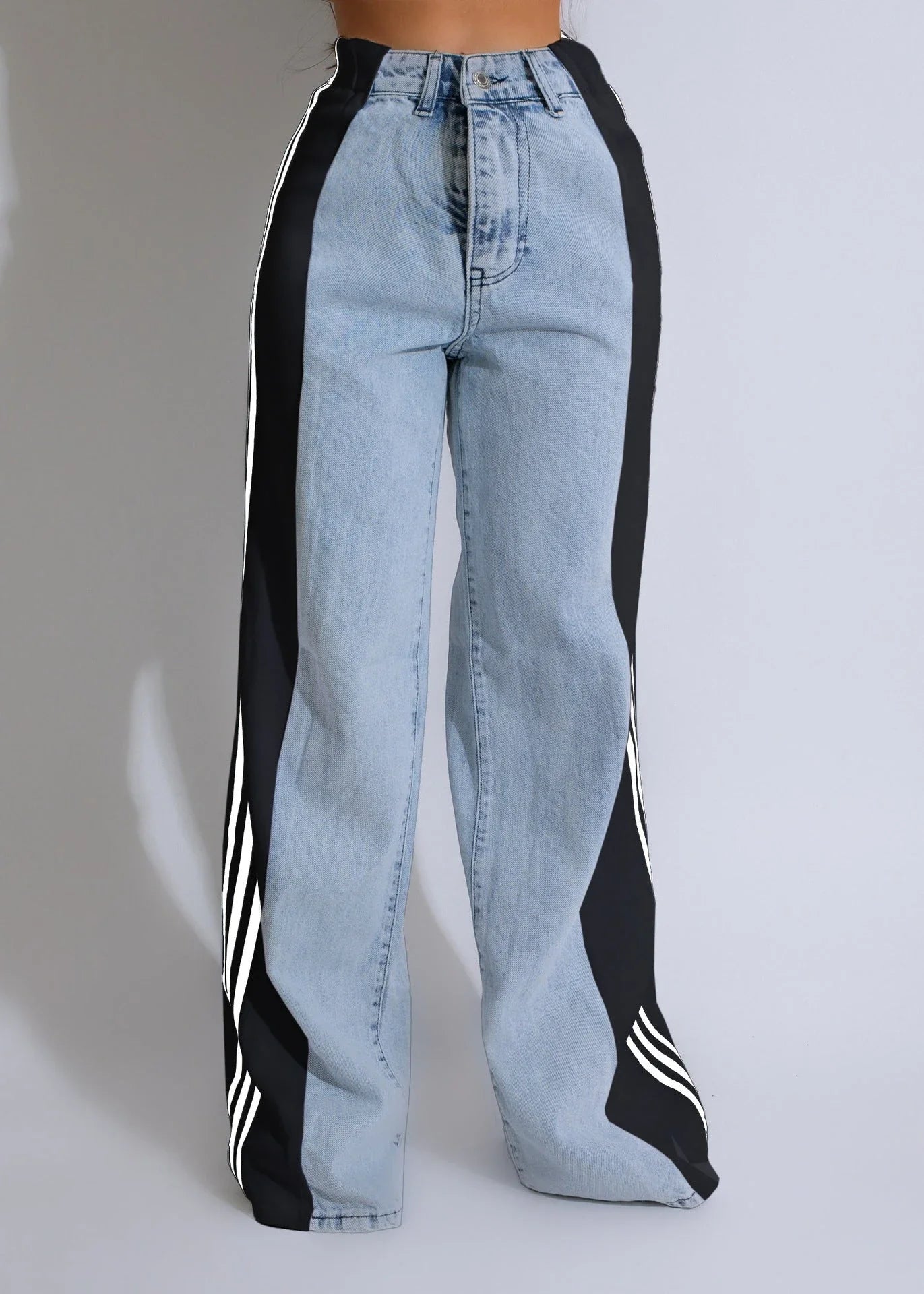 Stylish high-waist denim trousers with patchwork design, available in various color options