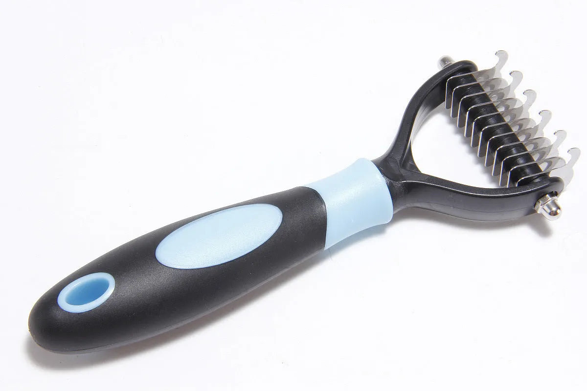 Dog grooming comb with plastic body and stainless steel teeth for knot opening and hair removal