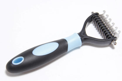 Dog grooming comb with plastic body and stainless steel teeth for knot opening and hair removal