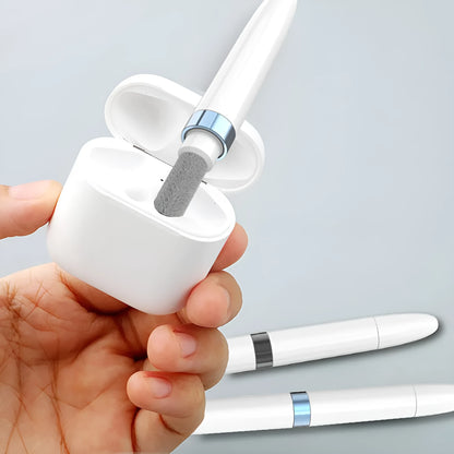 Blue electronics cleaning pen with metal nib, brush, and sponge for cleaning earbuds and phones