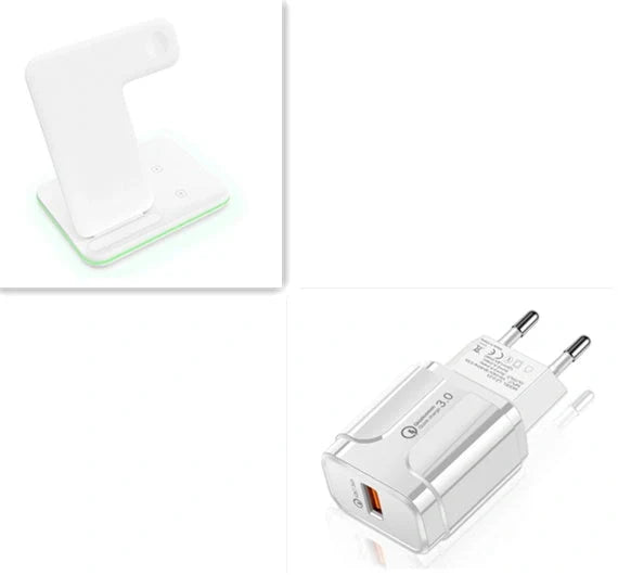 3-in-1 wireless charger for phone, watch, and headset in black and white