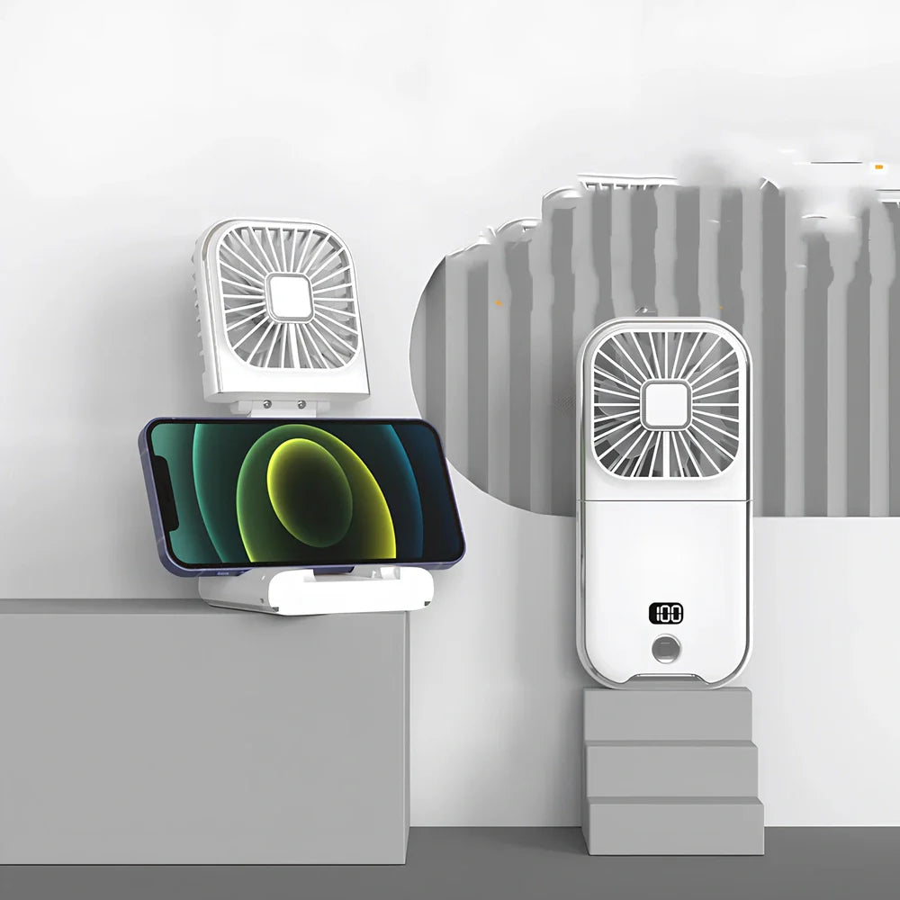 F30Pro folding portable handheld fan in white with digital display, 169x81x20mm size, USB charging, plastic blades for cooling