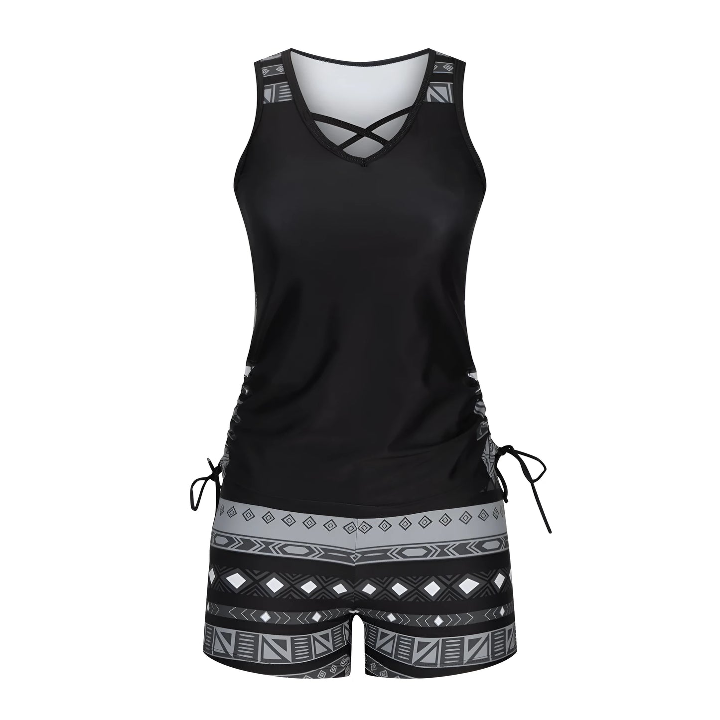 Black high-waisted women's swimsuit with separate tied bikini top and briefs bottoms on a mannequin.