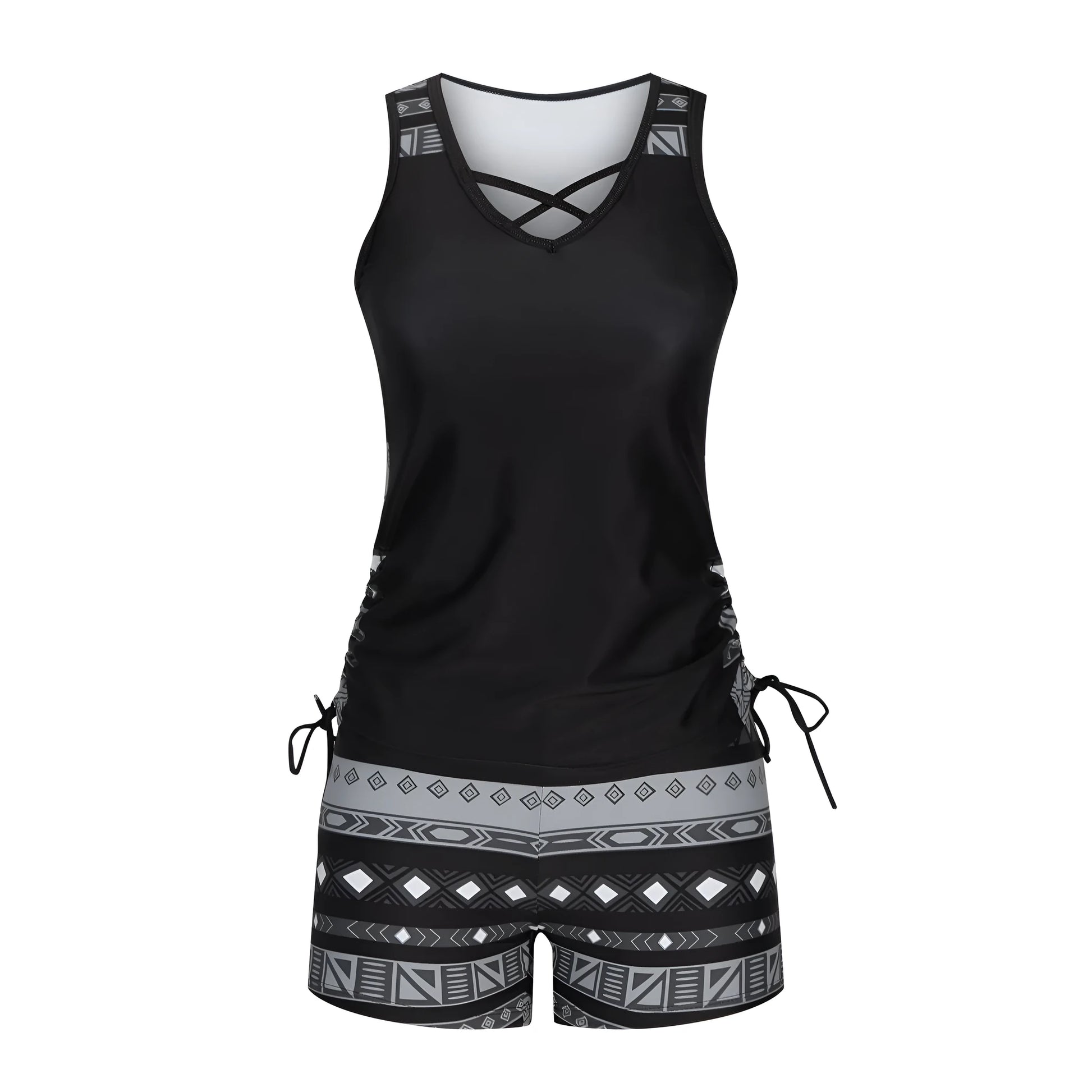 Black high-waisted women's swimsuit with separate tied bikini top and briefs bottoms on a mannequin.