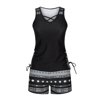 Black high-waisted women's swimsuit with separate tied bikini top and briefs bottoms on a mannequin.