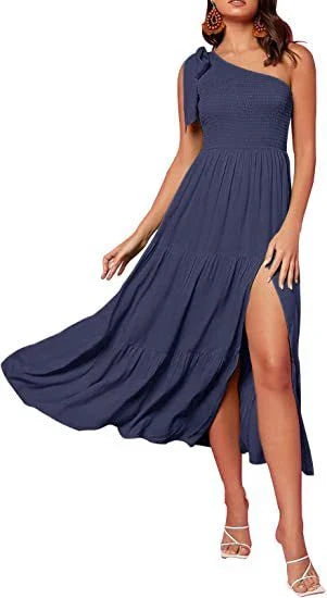Stunning one-shoulder dress with pleated, asymmetrical hemline and side slits