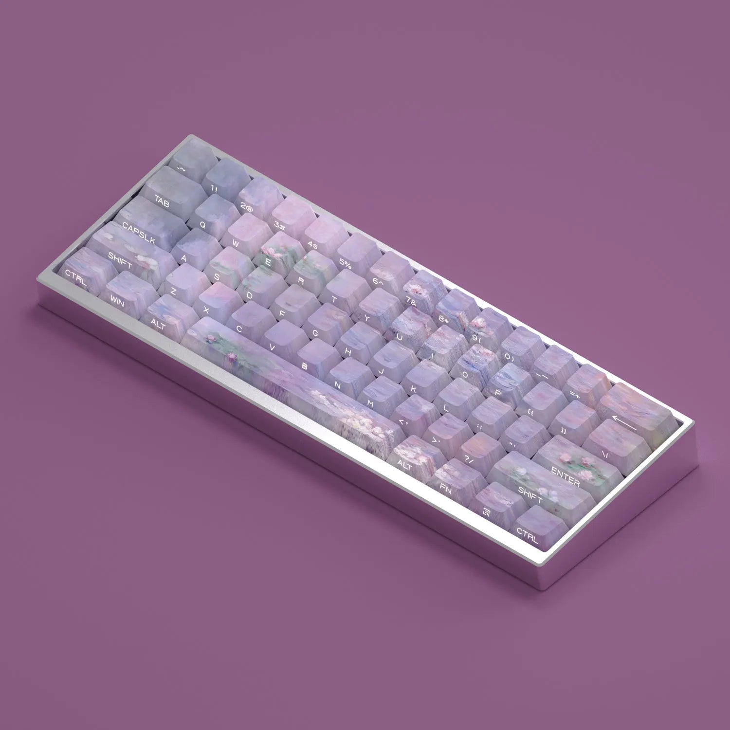 Wenshao Sleeping Lotus design PBT keycap set with side-carved translucent letters, 130 keys for mechanical keyboards.