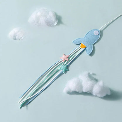 Blue and green long pole cat toy with feather attachments for interactive indoor play with kittens
