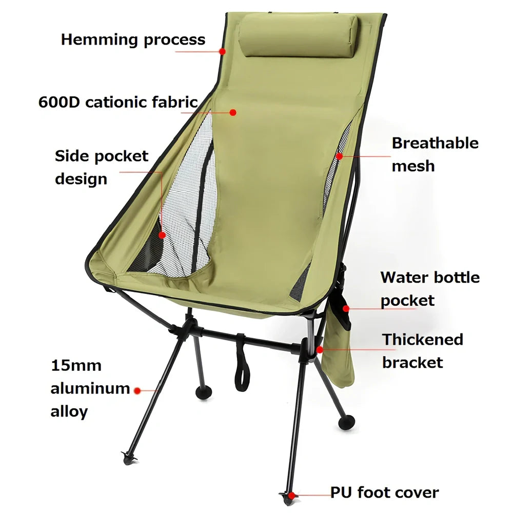 Army green outdoor folding chair with adjustable backrest and legs in reclined position on grass