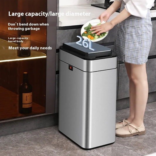 Inductive ashbin smart trash can with automatic lid, stainless steel construction, and square bucket shape