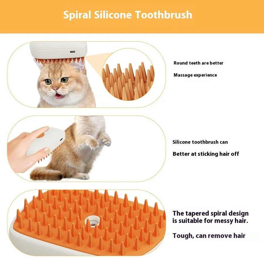 USB-rechargeable pet steam brush with gentle steam function for effortless cat grooming