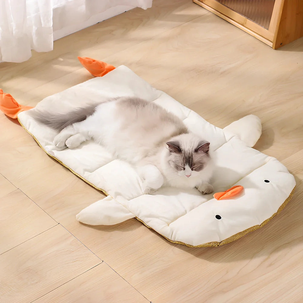 Detachable cooling cat bed with ice pad in white duck pattern, showing separate components and reinforced stitching
