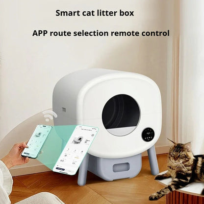 White automatic cat litter box with 550mm width, 13L waste compartment, and cleaning brush