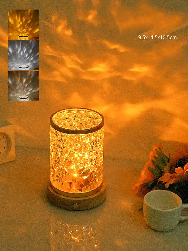 Rotating Water Ripple Small Night Light with USB Power and Touch Control for Bedroom Ambience, Measuring 9.5x14.5x10.5cm with Acrylic and Solid Wood Construction
