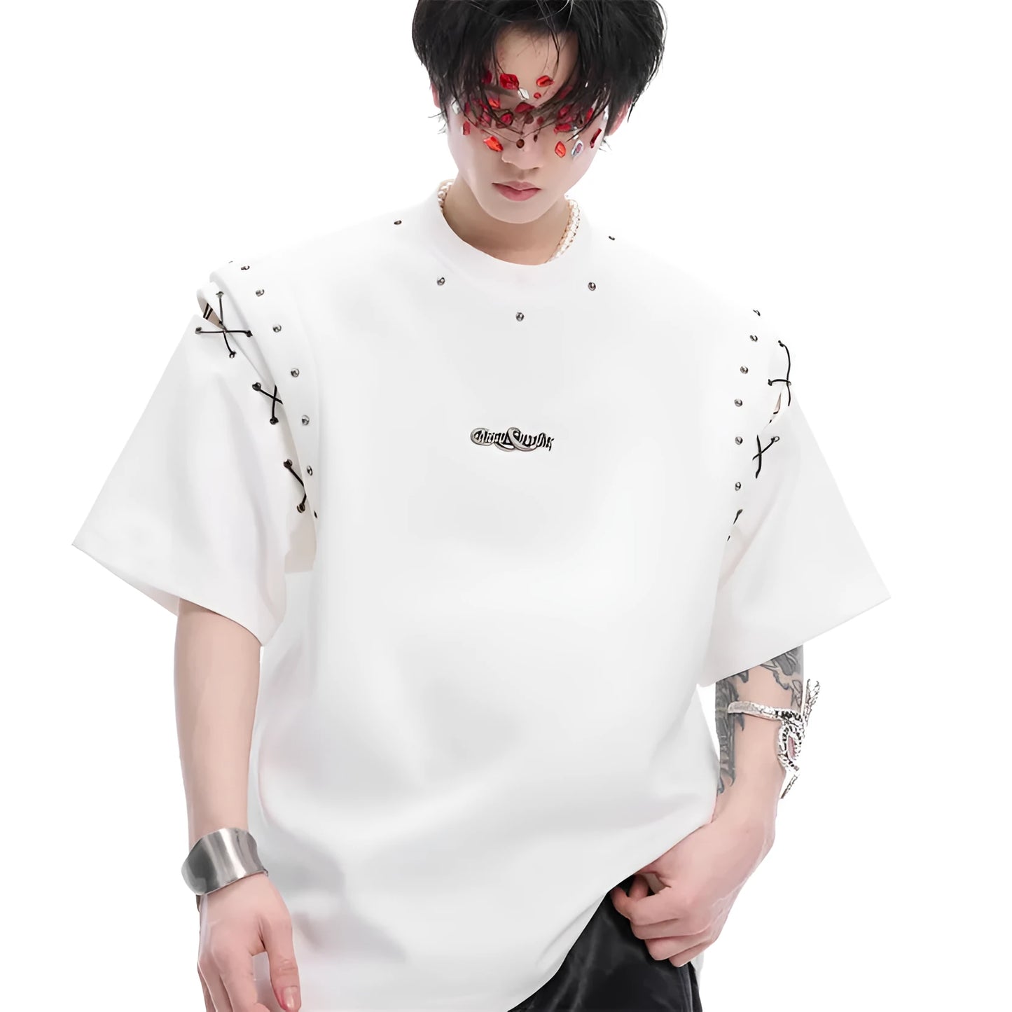 Black short sleeve women's T-shirt with lace-up cutout detailing on the sleeves.