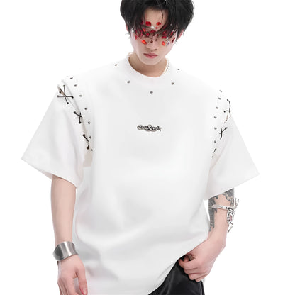 Black short sleeve women's T-shirt with lace-up cutout detailing on the sleeves.