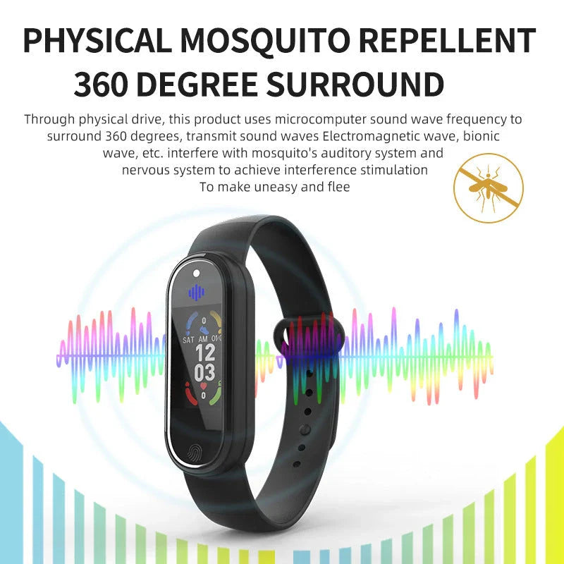 Ultrasonic mosquito repellent bracelet in black and white colors, designed for comfortable all-day wear and effective pest control during outdoor activities.