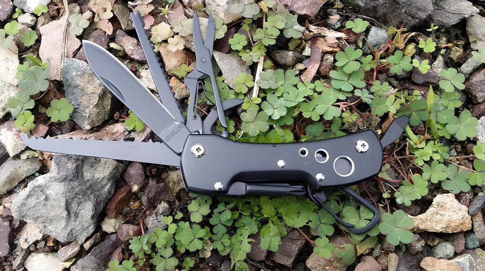 Black handled multifunctional folding army knife open to 22cm with stainless steel blade for fishing and outdoor use