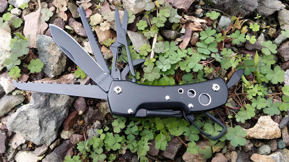 Black handled multifunctional folding army knife open to 22cm with stainless steel blade for fishing and outdoor use
