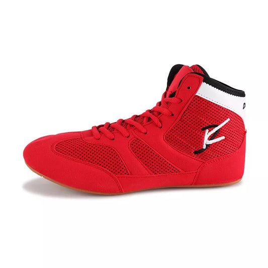 Mesh wrestling boxing shoes in red and blue, ideal for indoor training and competition