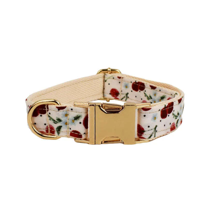 Red Cherry Printed Pet Collar with Light Gold Release Buckle and Cute Bow Strap - Dog Collar Traction Rope Five-Piece Set Includes Dog Vest and Poop Bag