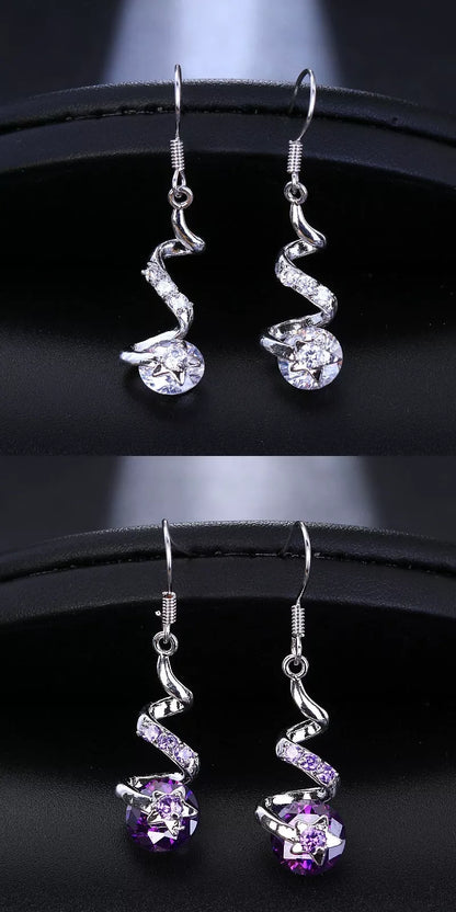 Purple Zircon Spiral Ear Hook Earrings for Women - Geometric Design with Copper Material