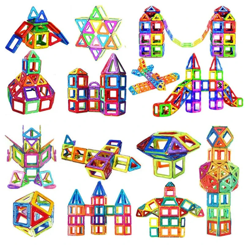 Colorful magnetic building blocks with children playing and building structures