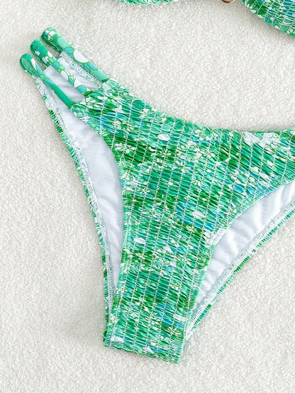 Women's floral bikini swimsuit set with high-waisted briefs in solid colours