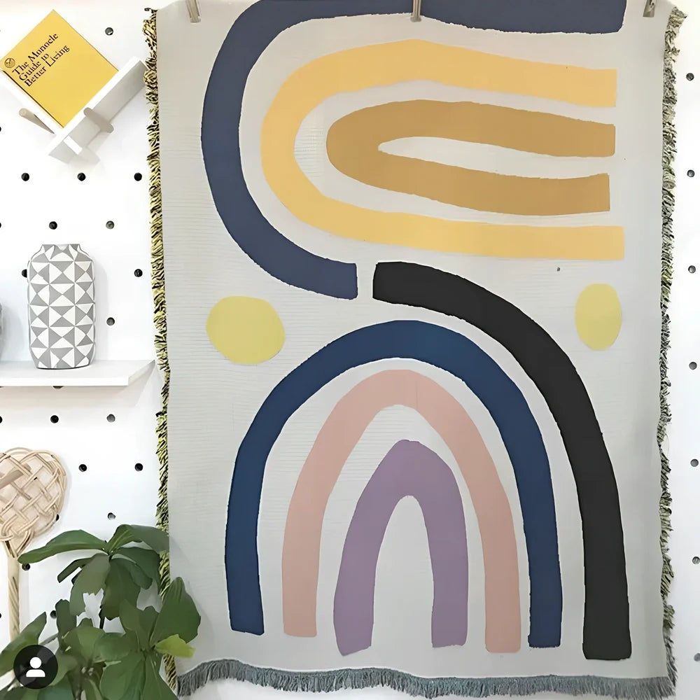 Bohemian rainbow geometric pattern tapestry blanket hanging on wall showing 120×150cm or 150×210cm dimensions