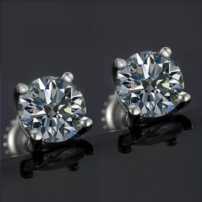 Geometric silver screw back moissanite stud earrings with four claw setting and certificate