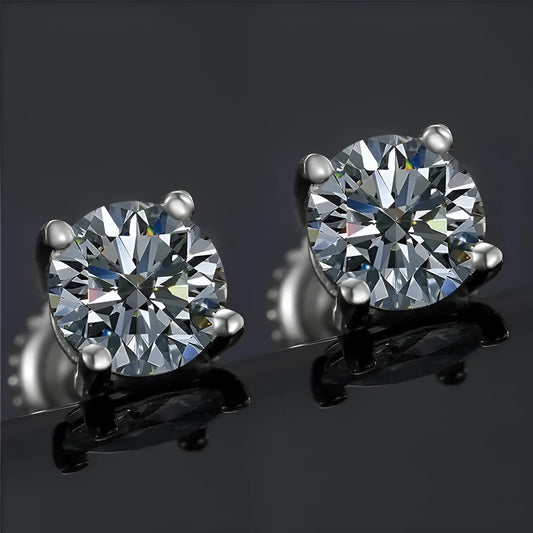 Geometric silver screw back moissanite stud earrings with four claw setting and certificate