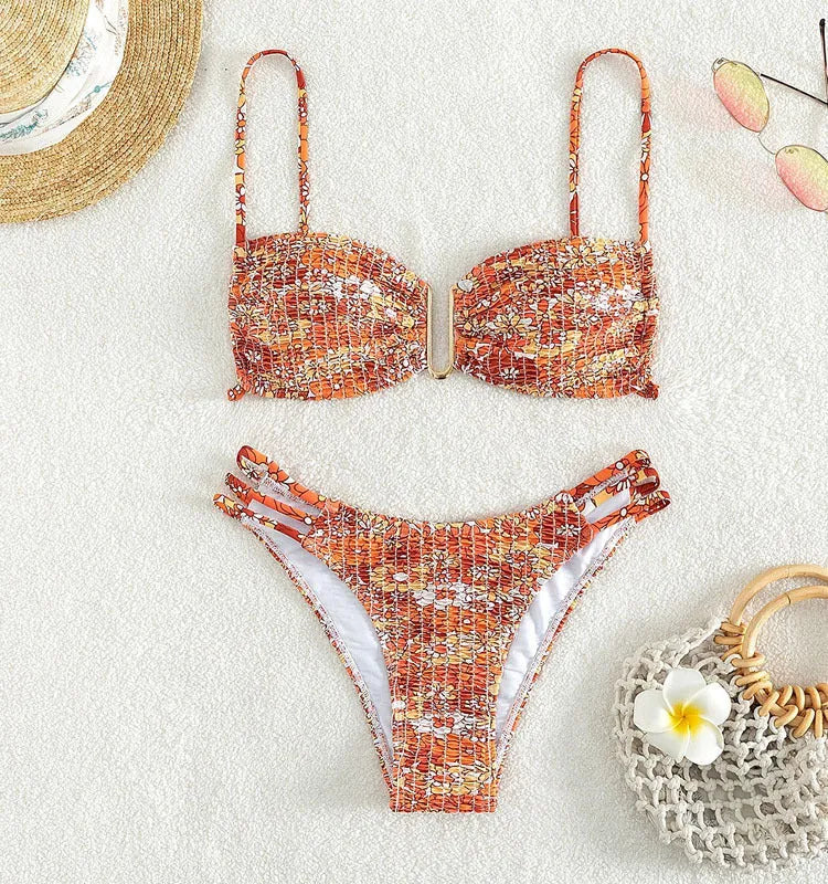 Women's floral bikini swimsuit set with high-waisted briefs in solid colours
