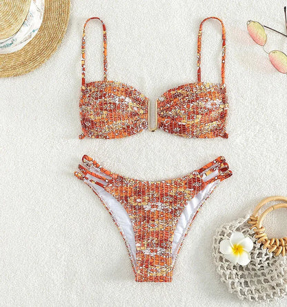 Women's floral bikini swimsuit set with high-waisted briefs in solid colours