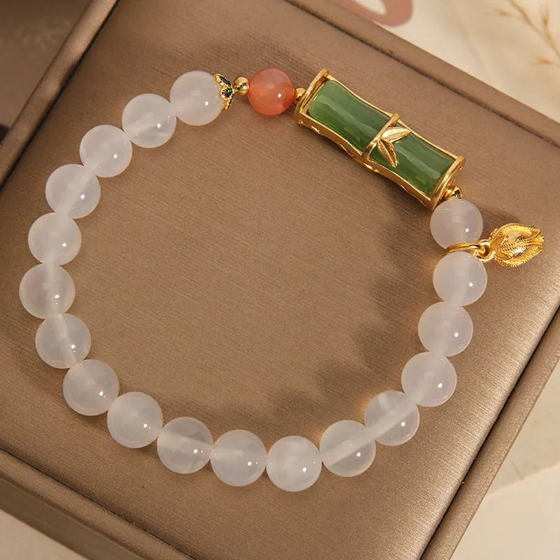 White agate and jade bamboo beaded bracelet for women with Chinese retro style.